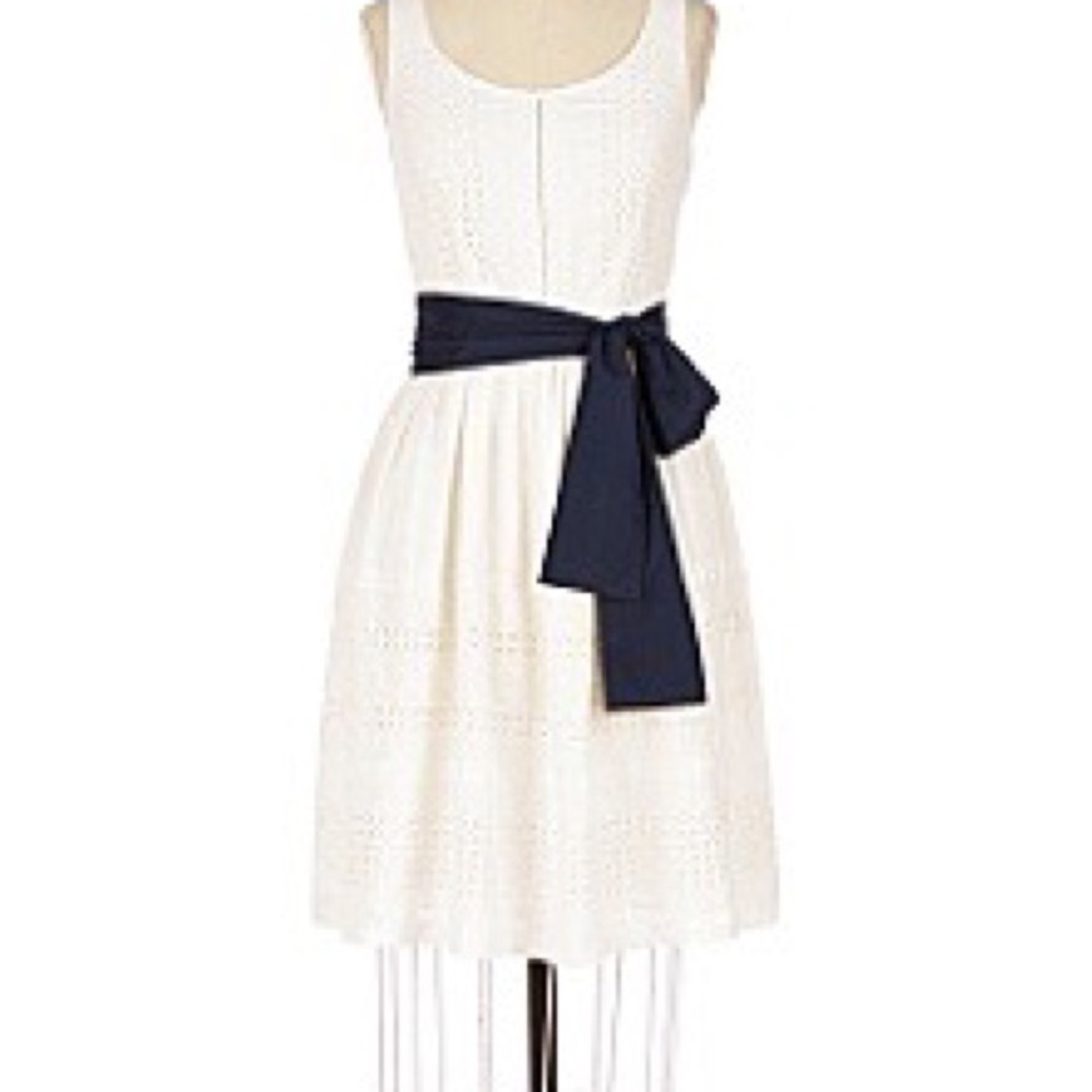 Odille White Sleeveless Eyelet Dress with Navy Waist Sash